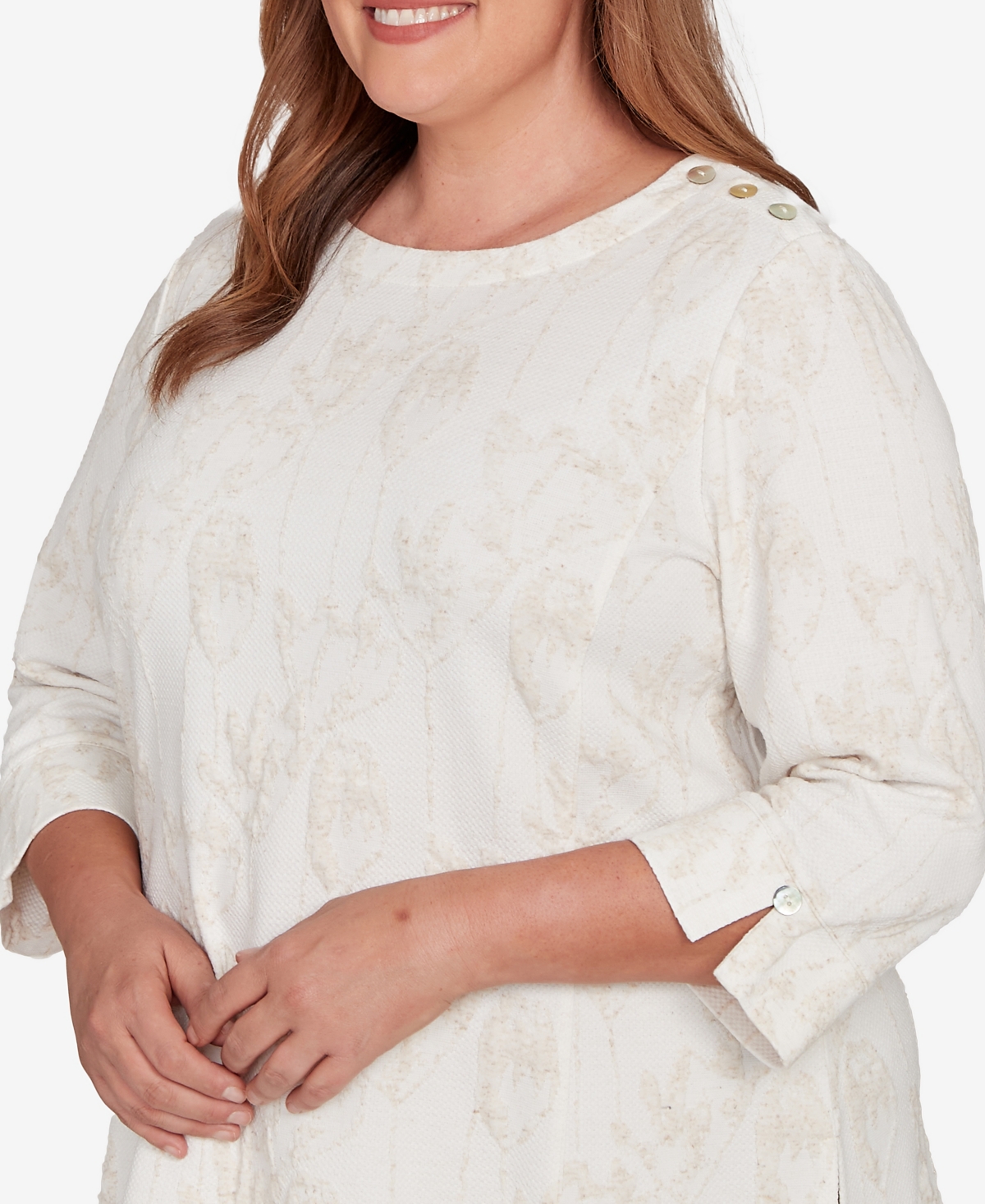 Alfred Dunner Plus Size Saratoga Springs Raised Texture Floral Design Knit Top In Neutral