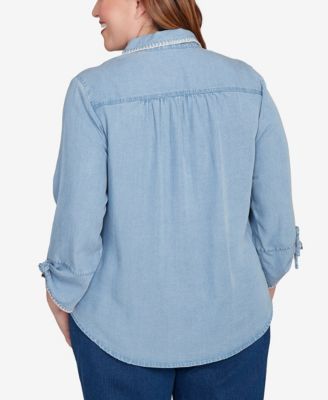 Plus Size Hilton Head Blanket Stitch Trim Button-Front Top