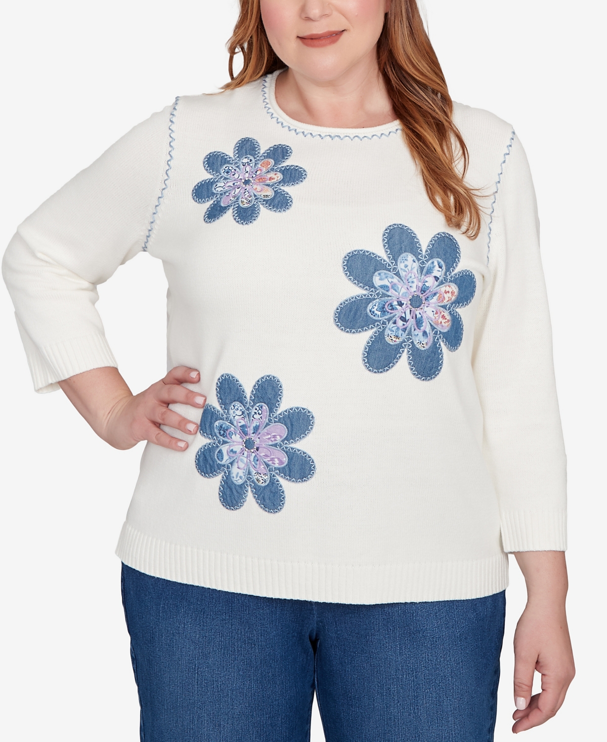 Alfred Dunner Plus Size Hilton Head Quilted Denim Applique Flower Sweater In White
