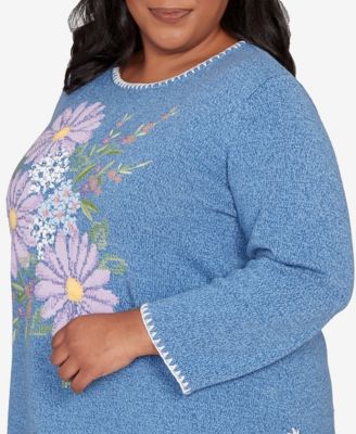 Plus Size Hilton Head Cross Stitched Floral Pullover Sweater