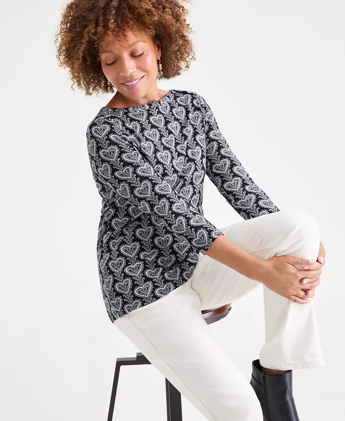 Women's Printed Pima Cotton 3/4 Sleeve Boat-Neck Top - thumbnail 8