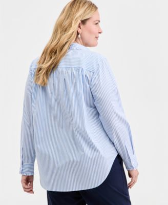 Trendy Plus Size Jenna Stripe Ruffle Trim Button-Front Shirt, Macy's Exclusive