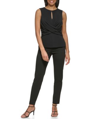 Petite Sleeveless Round Neck Keyhole Criss Cross Wrap Top