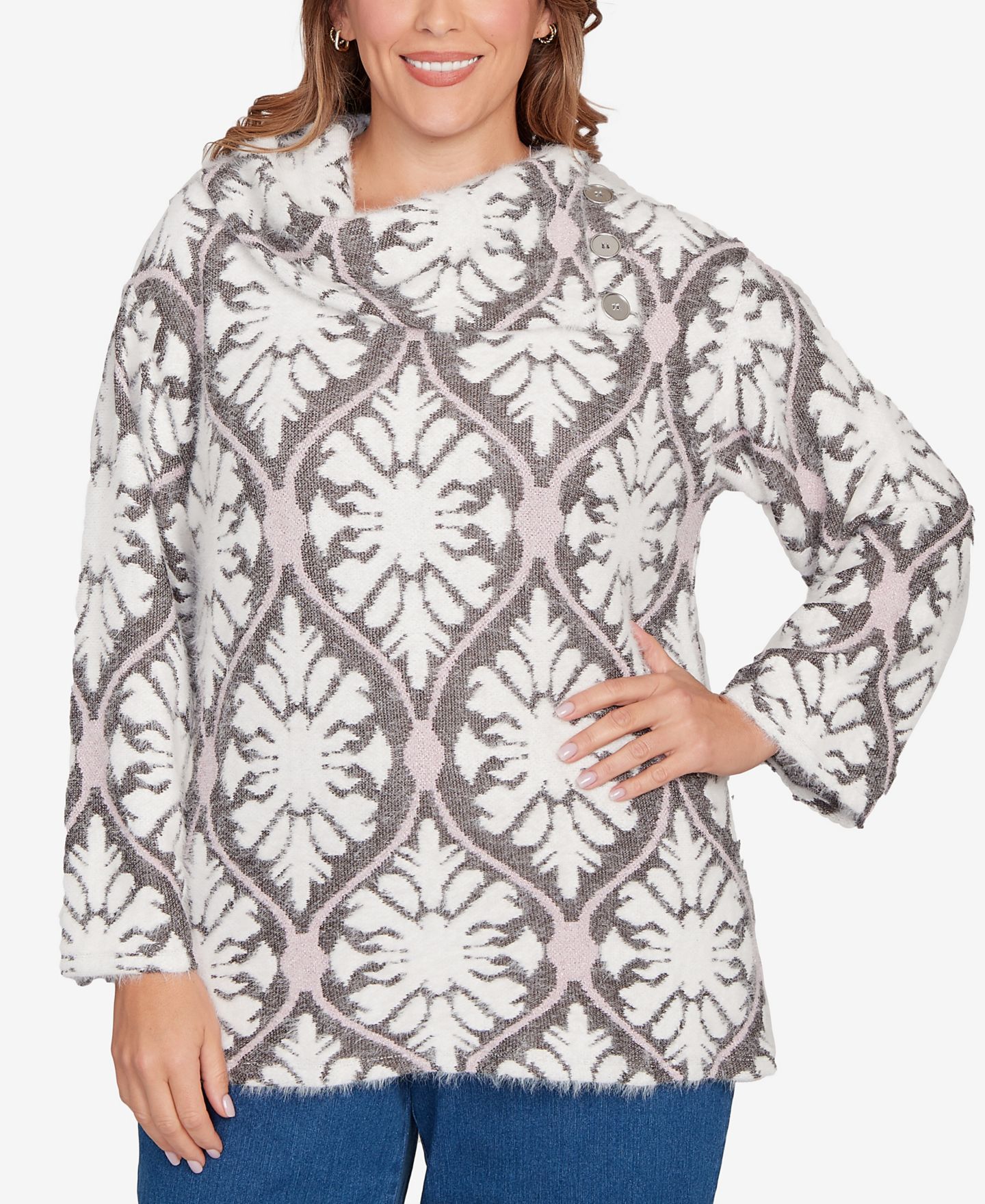 Женский свитер Ruby Rd. Plus Size Medallion Jacquard Sweater Knit Top, цвет: Розовый разноцветный — фото 1