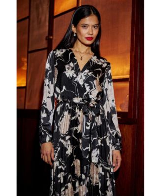 Women's Floral Satin Long Sleeve Midi Dress
