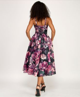 Juniors' Printed Jacquard Organza Sweetheart Neck Dress