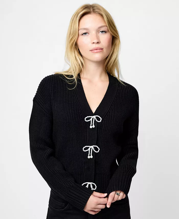 Women's Babysoft Knit V-Neck Embellished Bow Cardigan Sweater - thumbnail 7