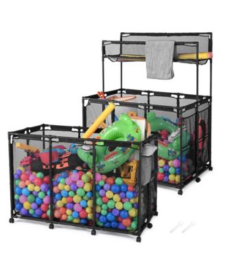 2 Pack Mesh Pool Toy Storage Bin Rolling Cart with Wheels Noodle Holder