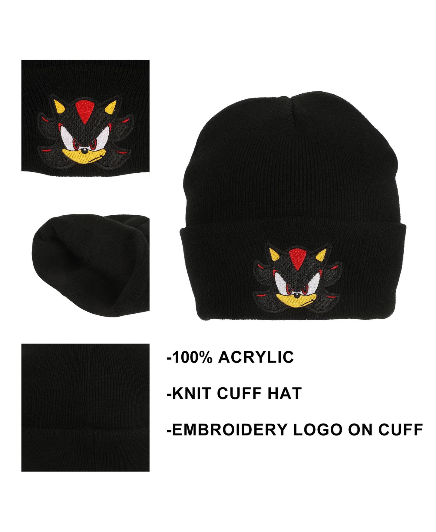 Мужская шапка Sonic the Hedgehog Shadow Embroidery Acrylic Knit Standard Cuff, цвет: Теневой чёрный — фото 6