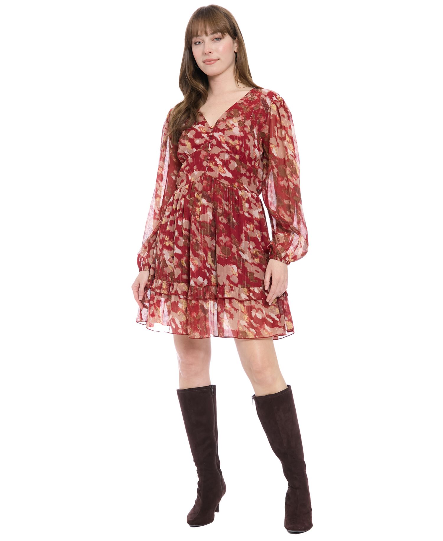 Women's V-Neck Printed Flounce Dress