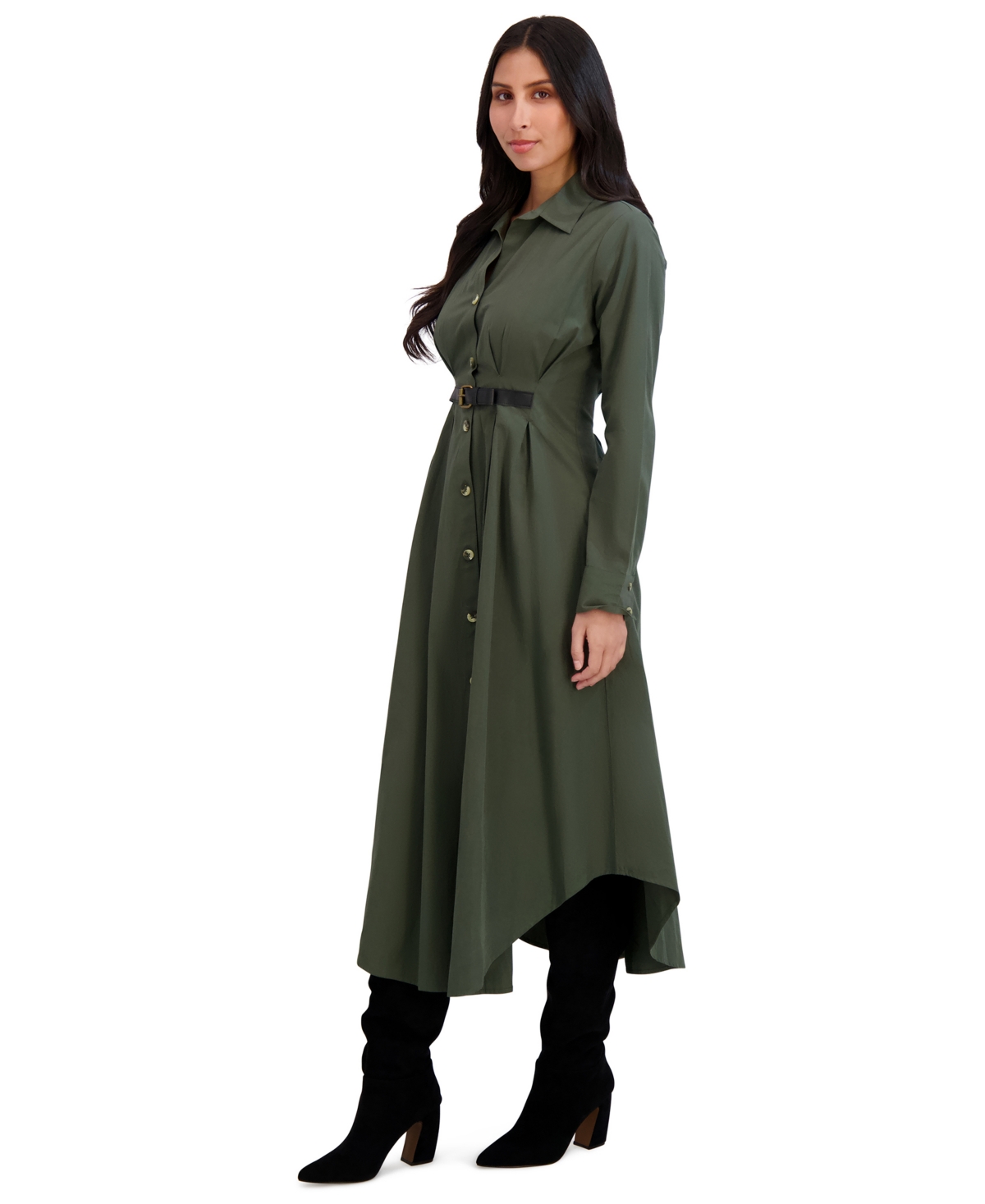 London Times Women's Collar Front Belted Shirt Dress In Green