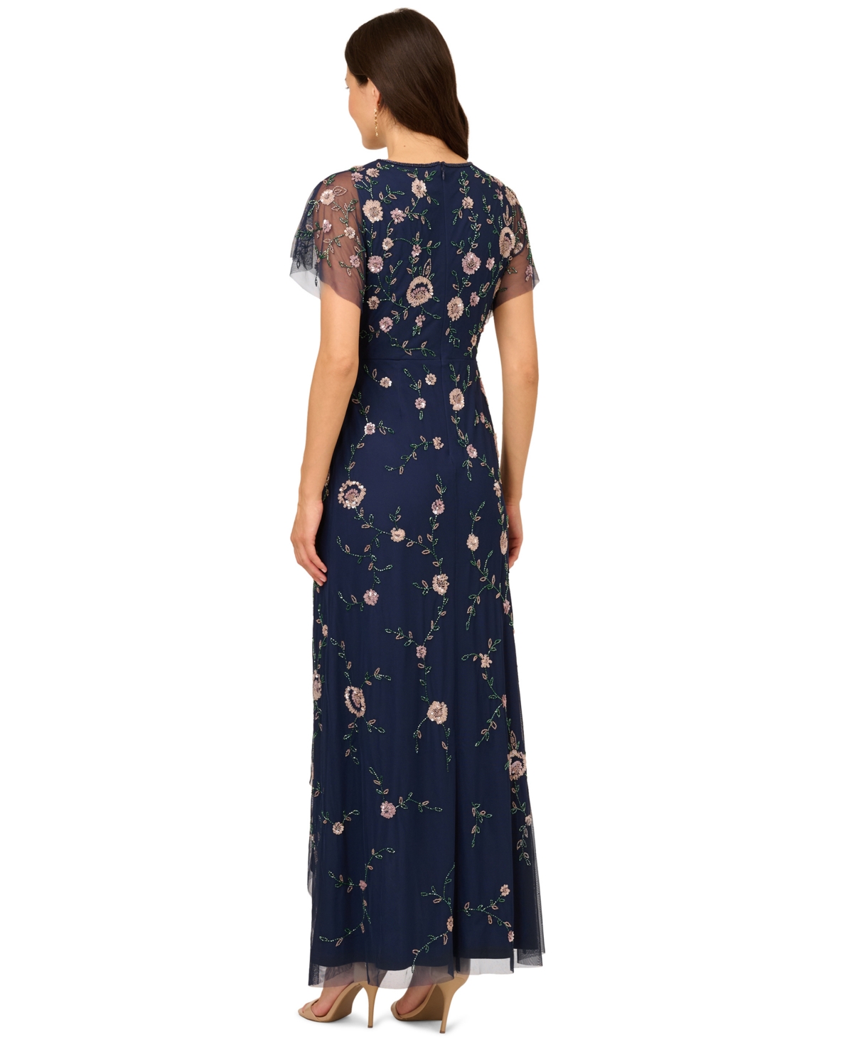 Adrianna Papell Women's Bead Flutter-sleeve Midi Mesh Dress In Blue