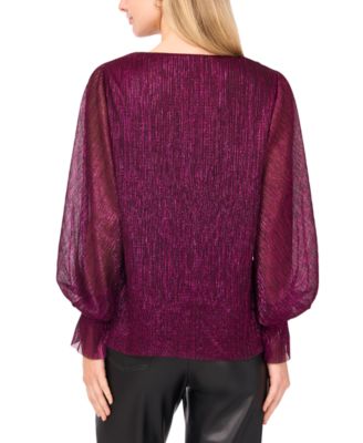 Women's Metallic V-Neck Sheer-Sleeve Top