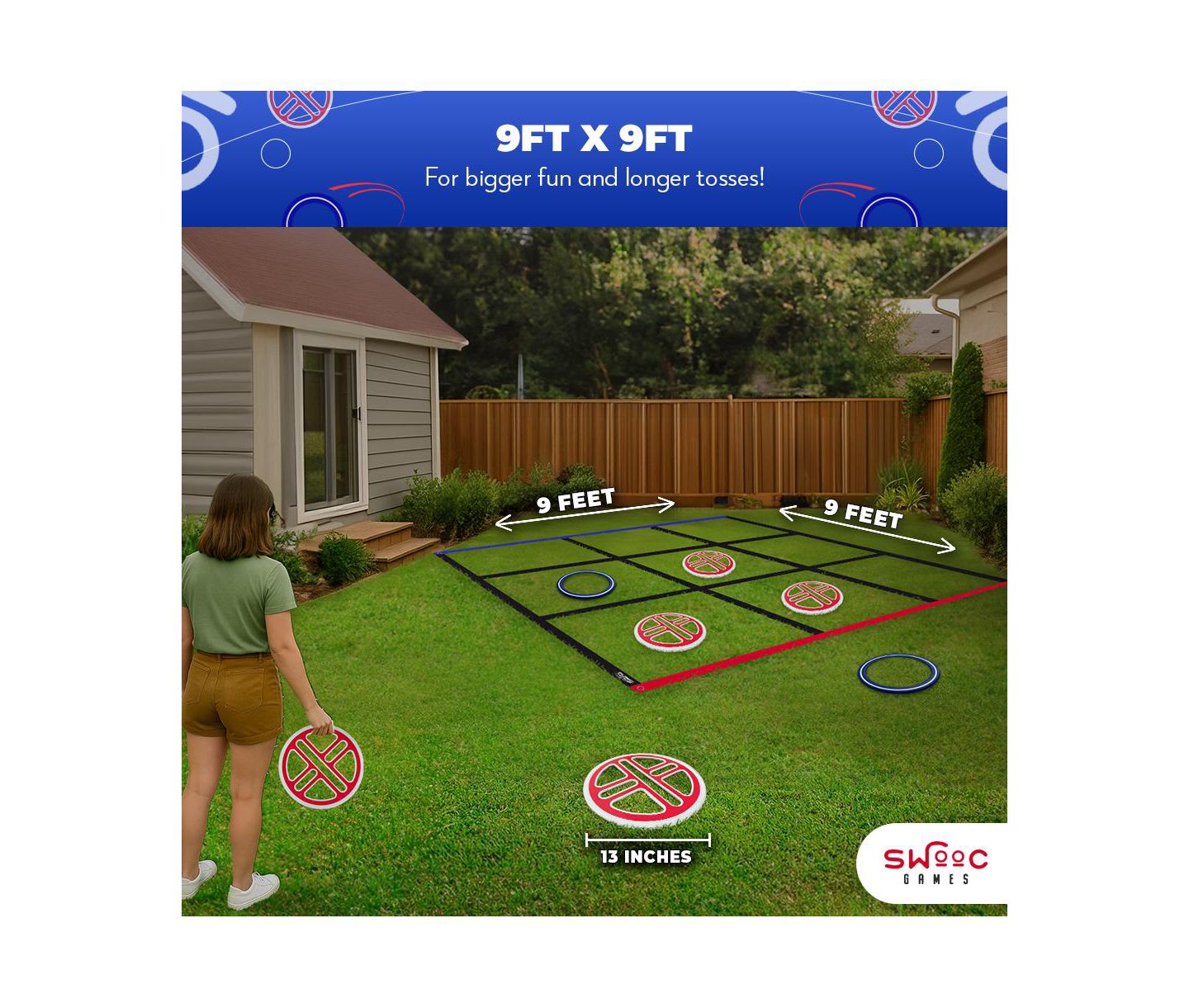 Детская игрушка SWOOC Fling Tac Toe Giant 9ft x 9ft Weather-Resistant Lawn Game, Ages 5+, цвет: Красный / Синий — фото 3