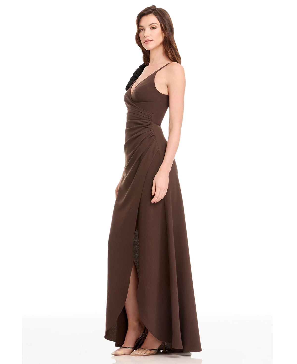 Dress The Population Camelia Ruffle Detail Gown In Brown