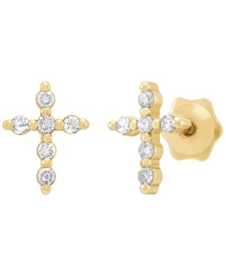 Macy's - Diamond (1/10 ct. t.w.) Cross Stud Earrings in 14K Yellow Gold