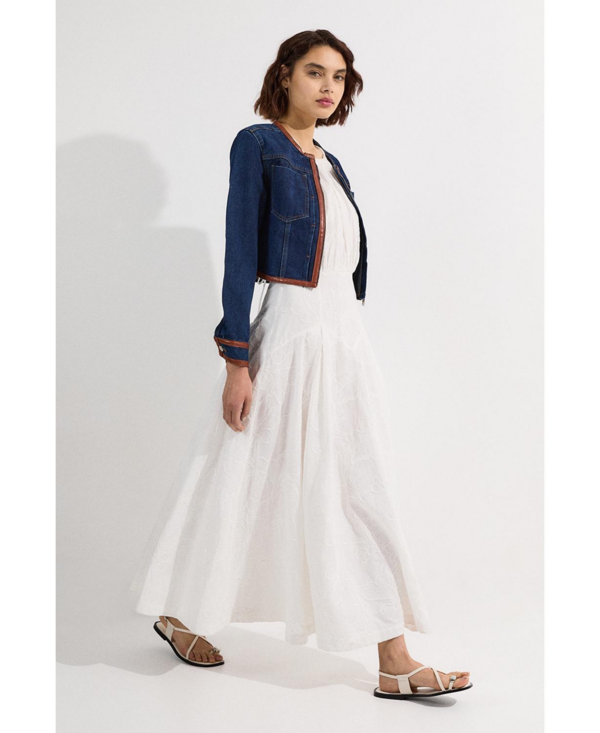 Karen Millen Women's Denim & Leather Collarless Jacket