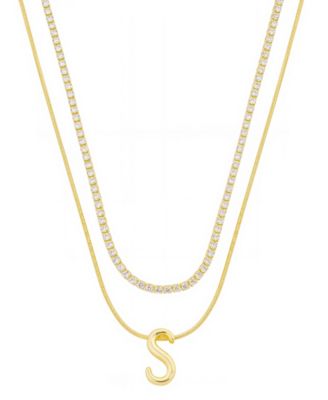 Unwritten - Letter "S" Initial Snake Chain Cubic Zirconia Necklace With Extender 2Pcs Set