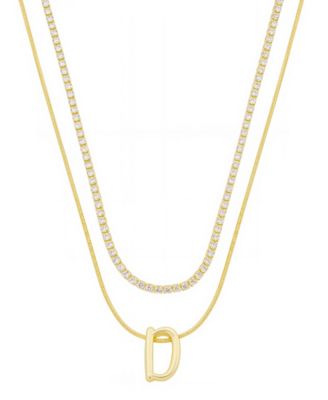 Unwritten - Letter "D" Initial Snake Chain Cubic Zirconia Chain Necklace With Extender 2Pcs Set