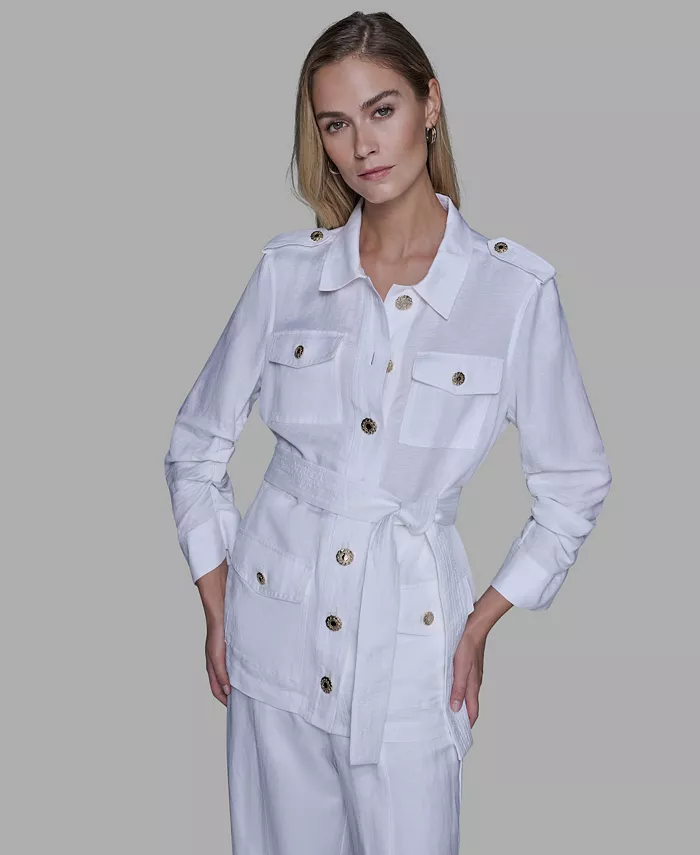 Women's Collared Linen-Blend Belted Jacket - thumbnail 7