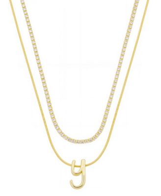 Unwritten - Letter "Y" Initial Snake Chain Cubic Zirconia Chain Necklace With Extender 2Pcs Set