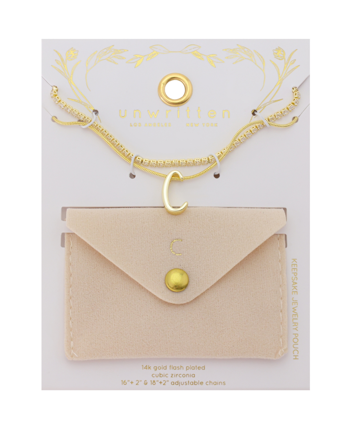Unwritten Letter "C" Initial Snake Chain Cubic Zirconia Chain Necklace With Extender 2Pcs Set