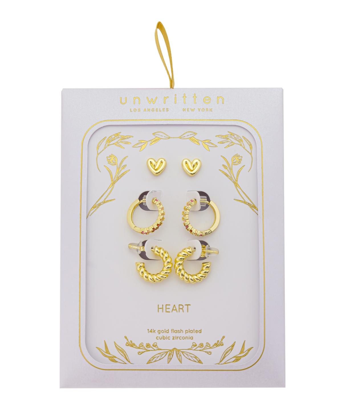 Unwritten Heart Post Stud, Multi Pink Cubic Zirconia Endless Hoop, Twits Post Hoop 3Pairs Ear Set