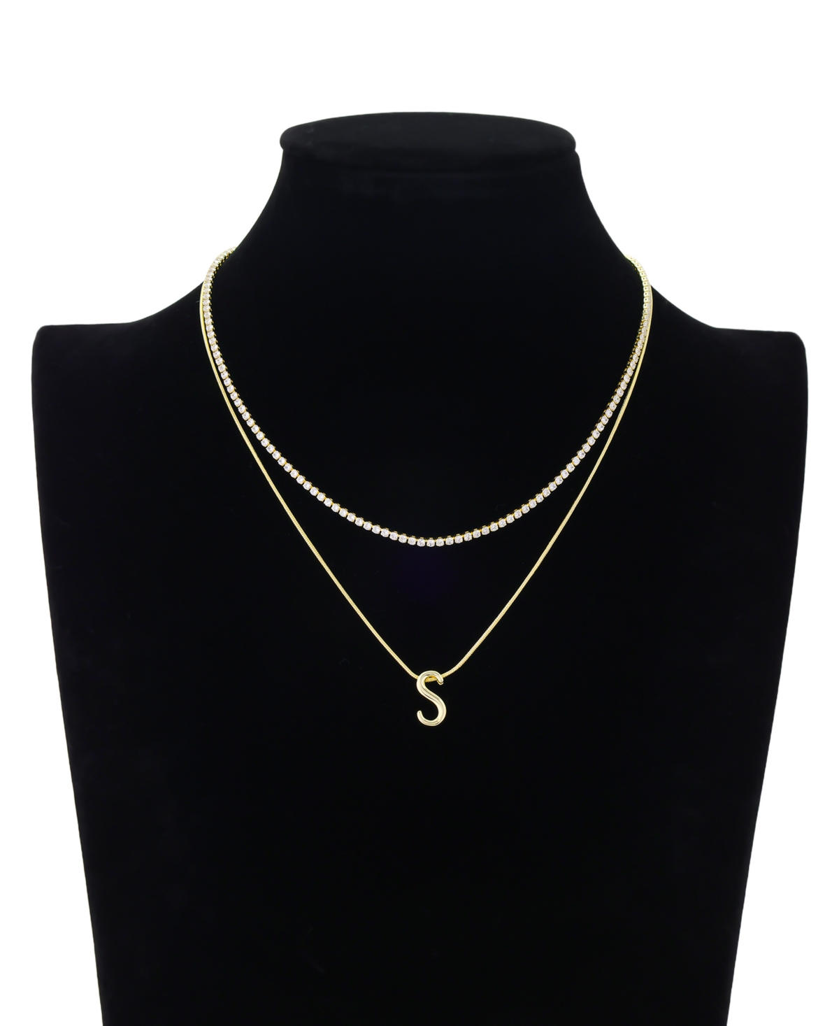 Unwritten Letter "S" Initial Snake Chain Cubic Zirconia Necklace With Extender 2Pcs Set