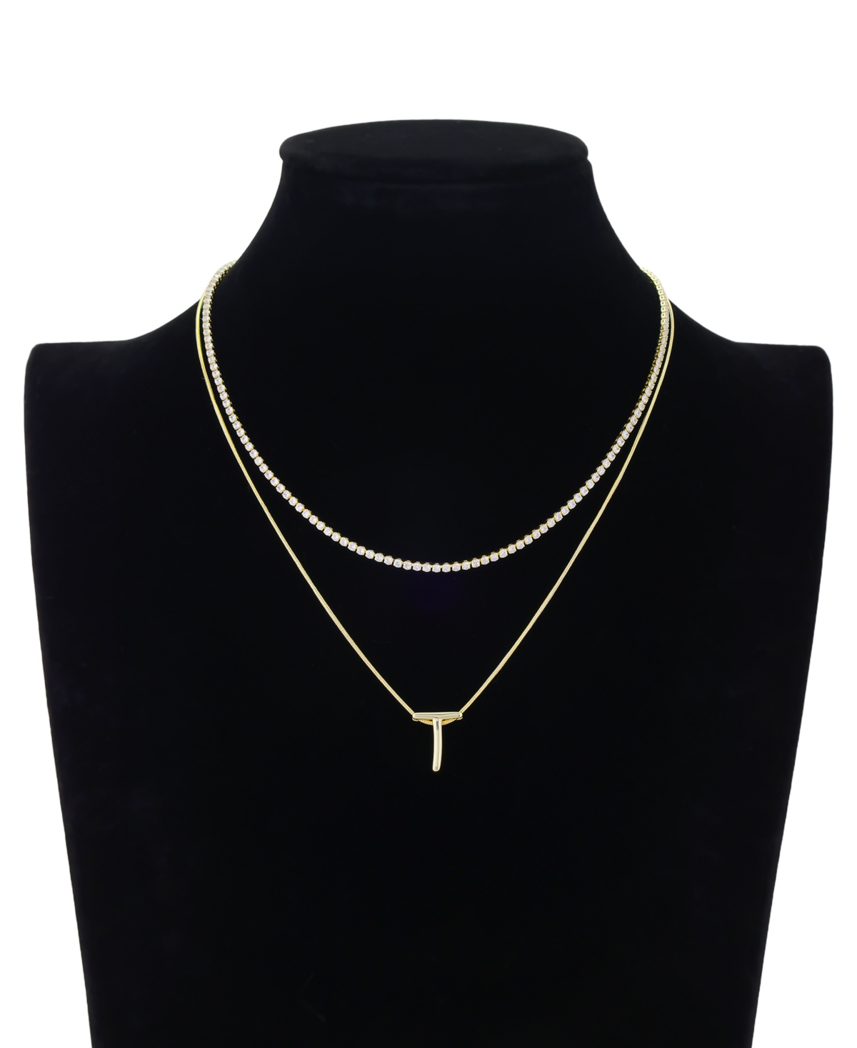 Unwritten Letter "T" Initial Snake Chain Cubic Zirconia Chain Necklace With Extender 2Pcs Set