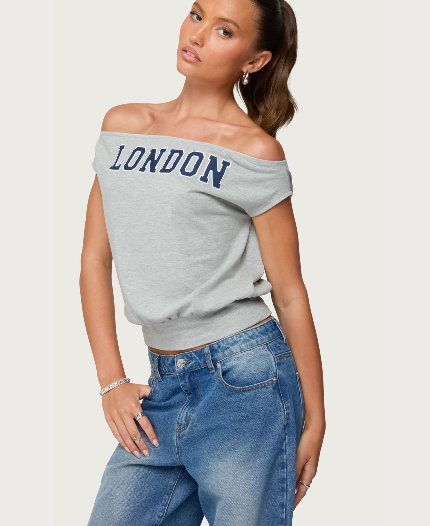 Женский топ Edikted So London Off Shoulder, цвет: Серый меланжевый — фото 4