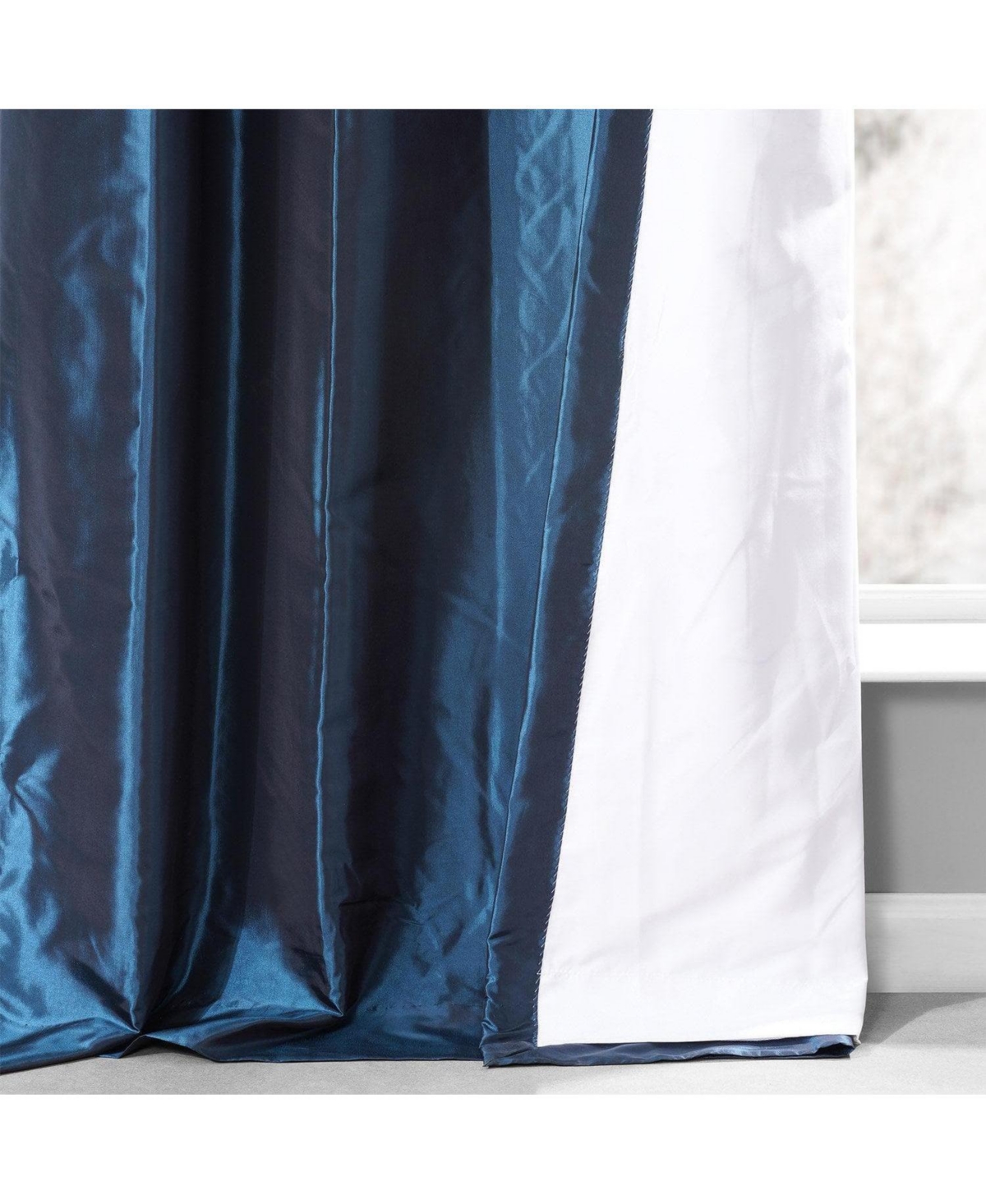 Half Price Drapes Navy Ruched Solid Faux Silk Taffeta Room Darkening Curtain