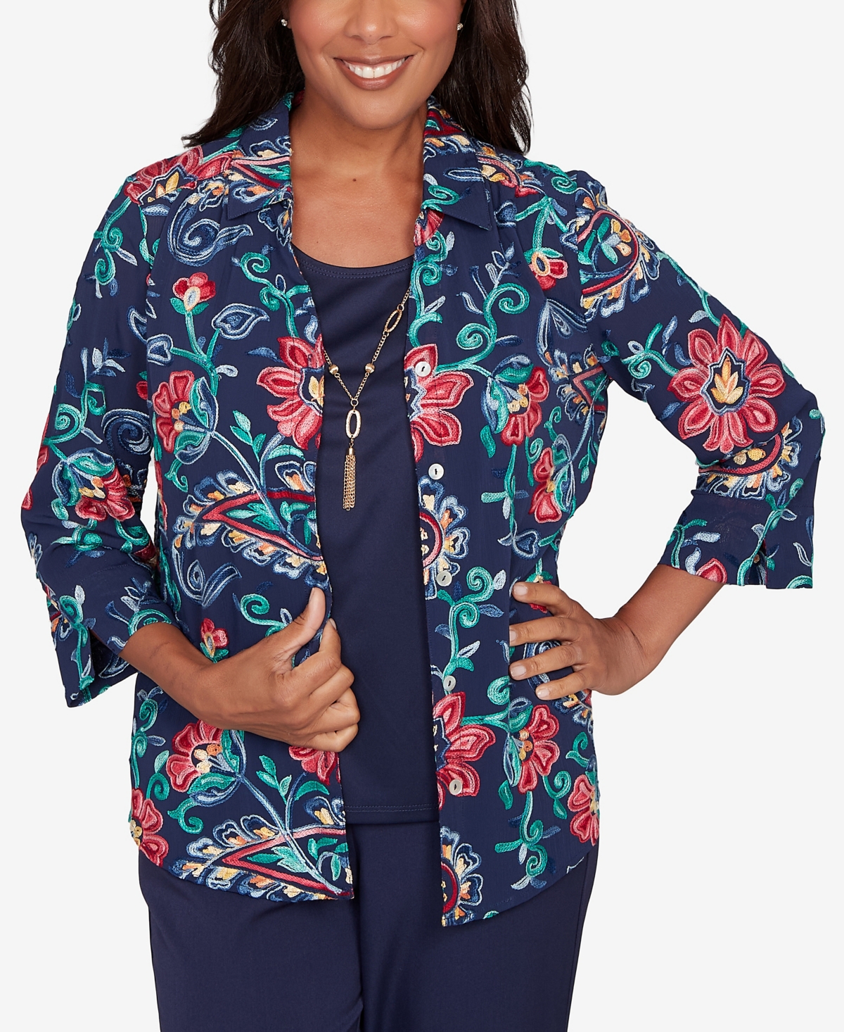Alfred Dunner Petite Saratoga Springs Paisley Floral Two One Top with Necklace