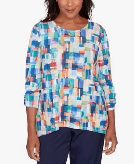 Petite Saratoga Springs Tile Print Colorblock Textured Top - Navy Multi