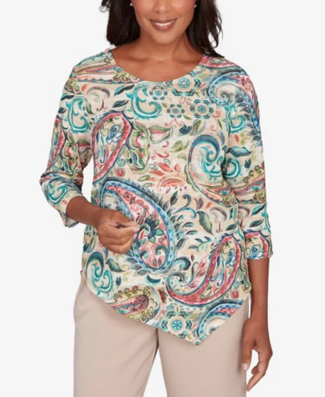 Petite Saratoga Springs Classic Paisley Print Pullover Knit Top - Blue multi