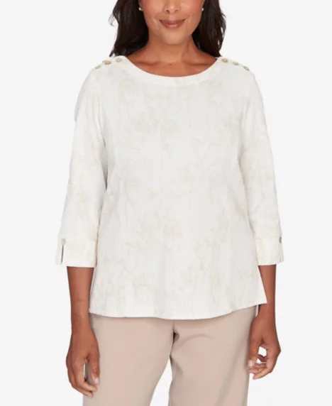 Petite Saratoga Springs Raised Texture Floral Design Knit Top - Oatmeal