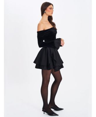 Women Magnolia Black Off-Shoulder Layered Satin Mini Dress