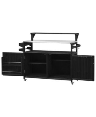 Outdoor Kitchen Island, Wood Cabinet, Stainless Top, Rolling Grill Cart - Black