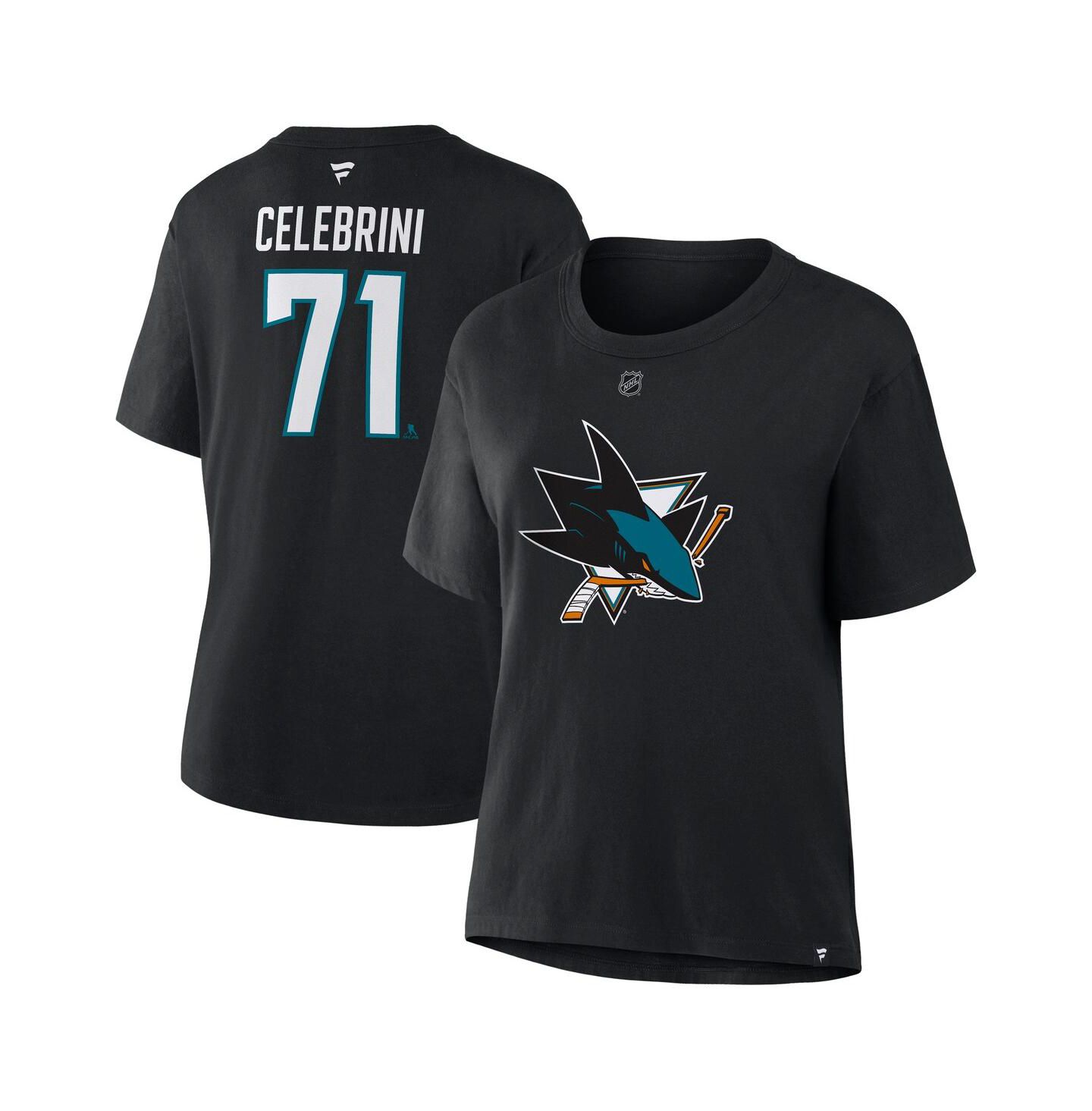 Женская футболка Fanatics Macklin Celebrini Black San Jose Sharks Authentic Stack Name & Number — фото 1
