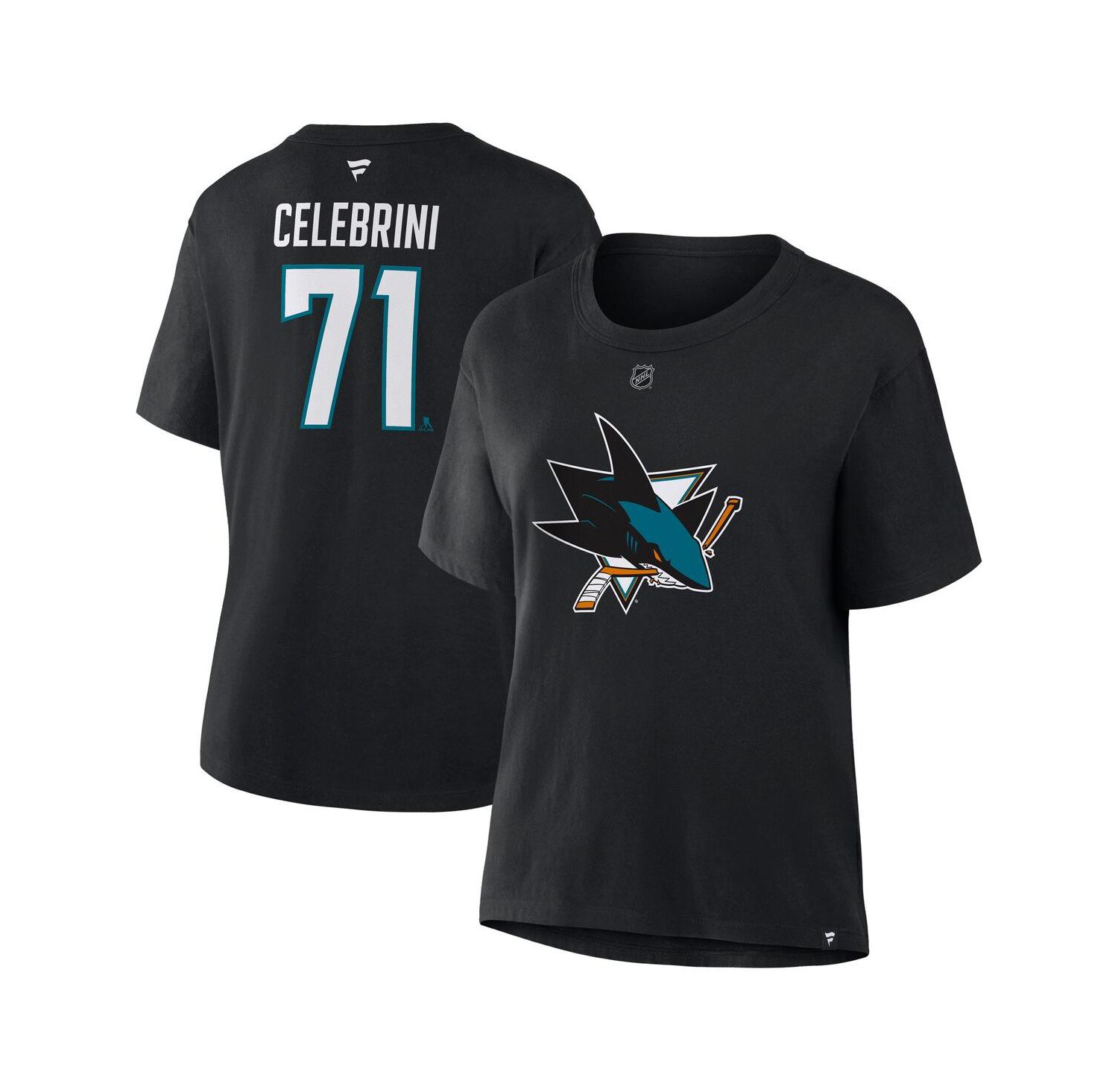 Women's Macklin Celebrini Black San Jose Sharks Authentic Stack Name & Number T-Shirt