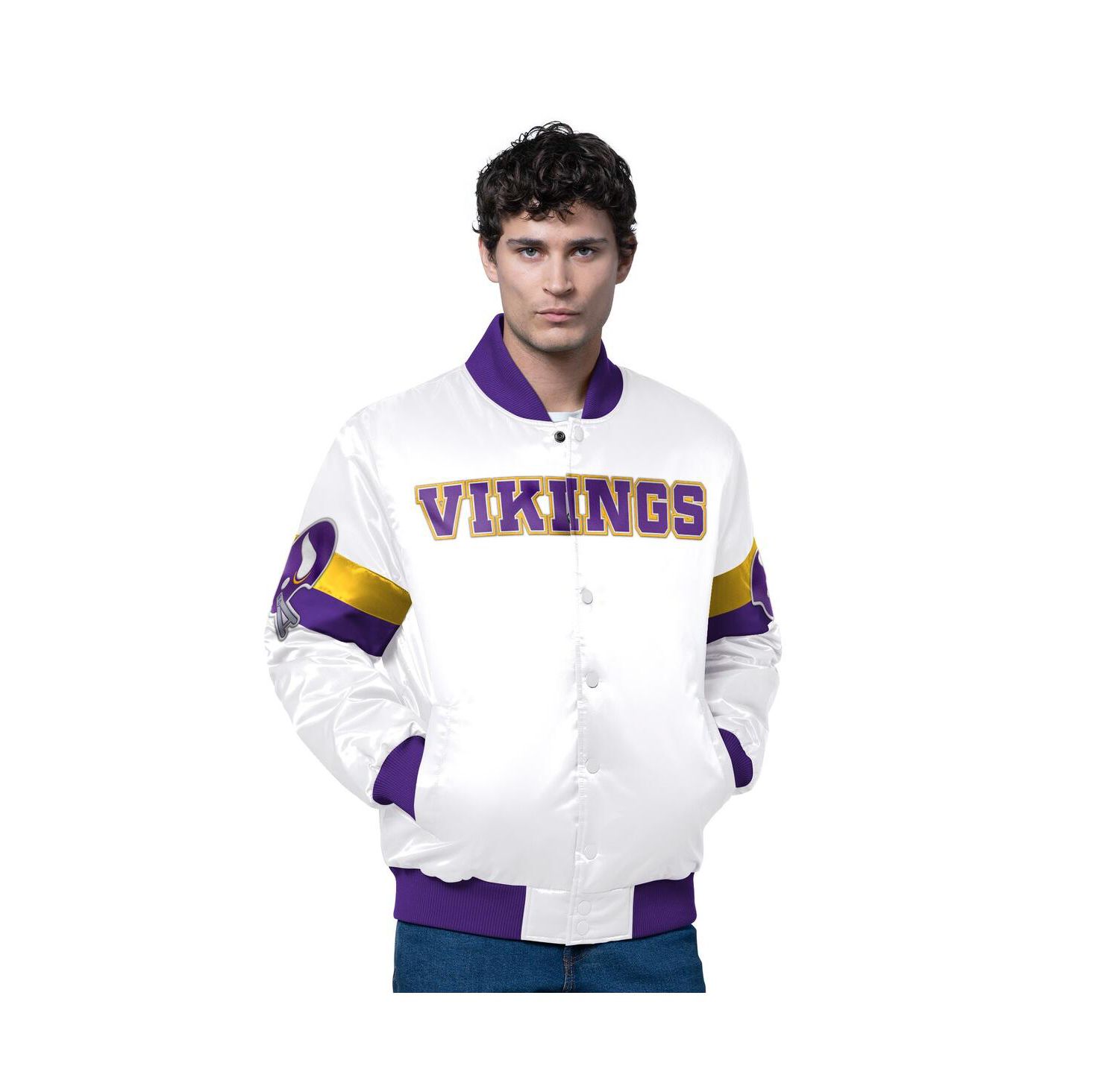 Men's White Minnesota Vikings Triple Option Satin Varsity Full-Snap Jacket