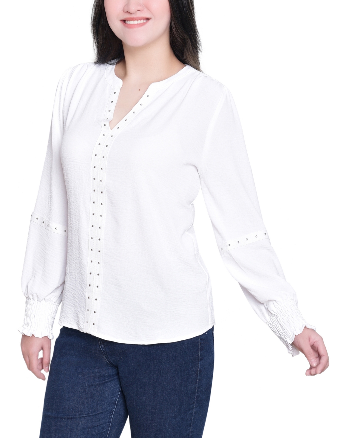 Ny Collection Petite Long Sleeve Studded Blouse