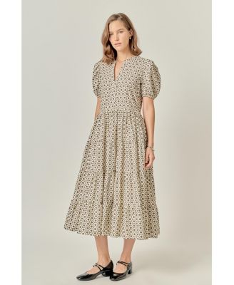 Women's Print Puff Sleeve Midi Dress