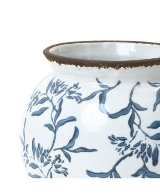 Handmade Blue Floral Wide-Mouth Waterproof Ceramic Vase, 9.25" Round Indoor Home Decor