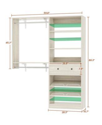 Closet System with Drawer, 5FT Closet Organizer System with 2 Hanging Rods and Adjustable Shelf, Reversible