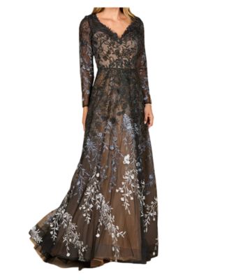 Women's Long Sleeve V-Neck Ombre Lace Gown