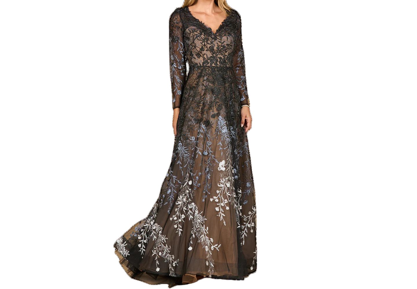 Женские платья Lara Long Sleeve V-Neck Ombre Lace Gown, цвет: Чёрный — фото 3