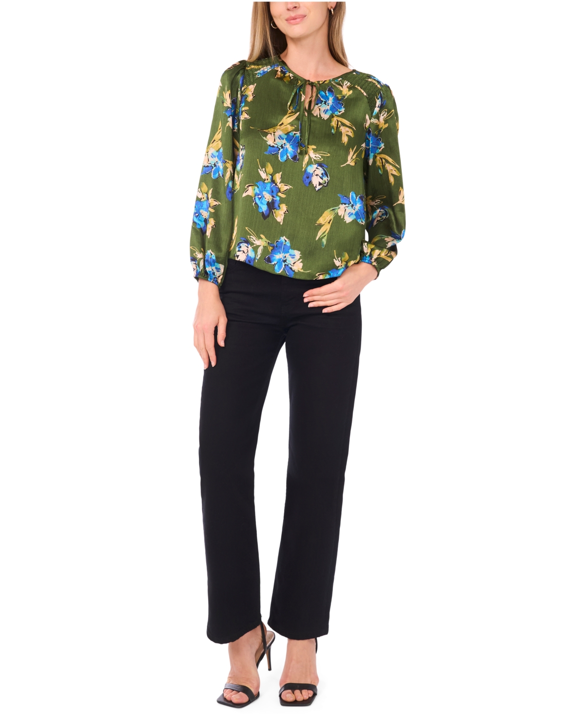 Sam & Jess Petite Long-sleeve Ruched Shoulder Tie Top In Green