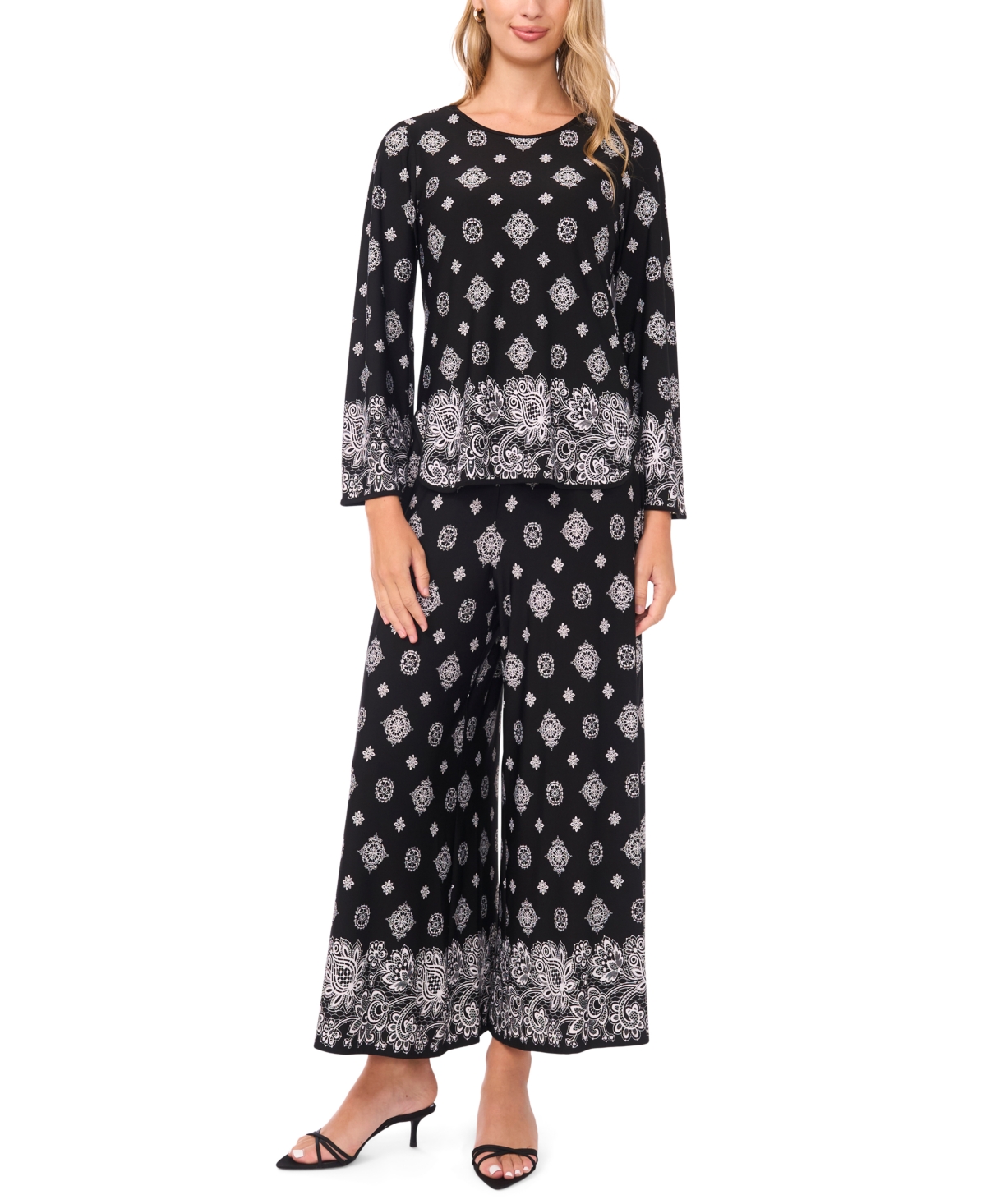 Sam & Jess Petite Bell Sleeve Crewneck Top In Black