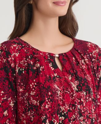 Womens Pleat-Neck 3/4-Sleeve Blouse, Regular & Petite