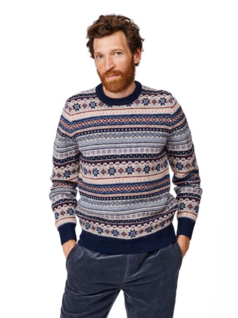 Мужской свитер Aubin Fair Isle Crew Neck Wool, цвет: Синий / Экрю